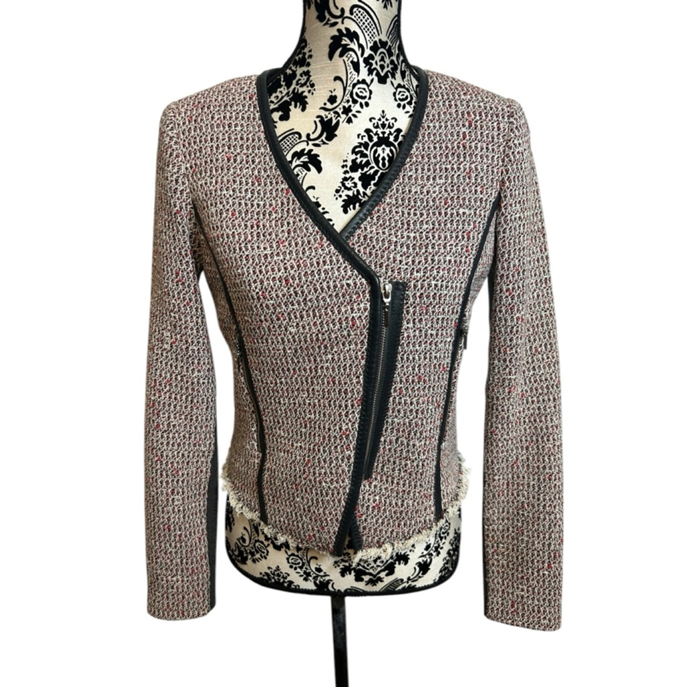 Rebecca Taylor Tweed Blazer - Lamb Leather & Wool Blend - Cream & Red - Size 4